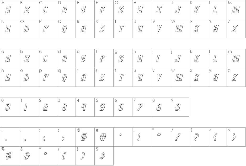 Fiddler's Cove 3D Italic font character map preview
