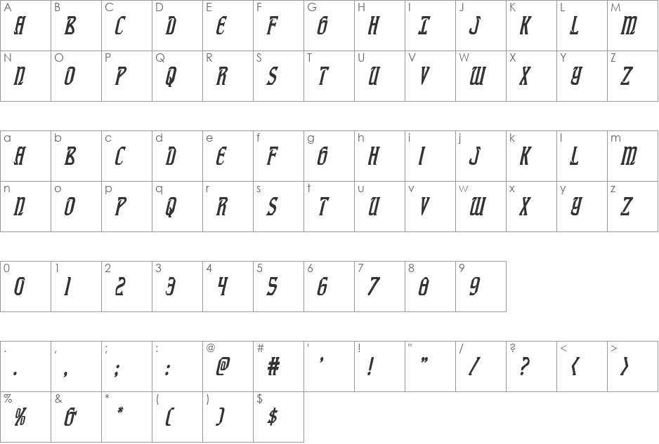 Fiddler's Cove Condensed Italic font character map preview