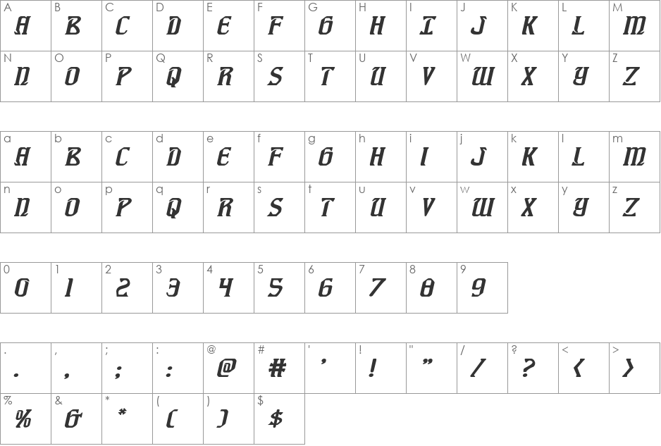 Fiddler's Cove Expanded Italic font character map preview