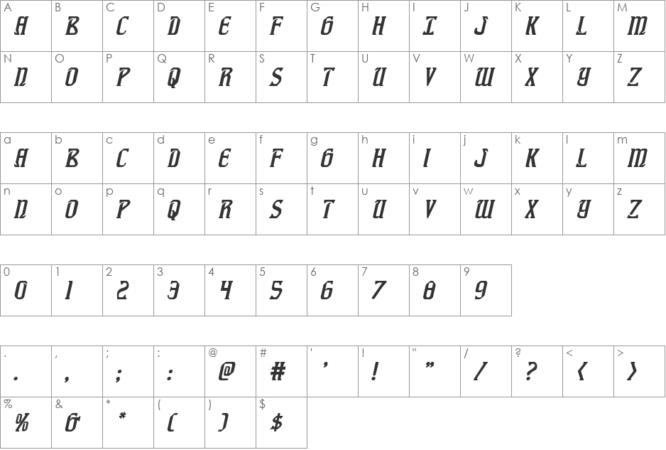 Fiddler's Cove Italic font character map preview