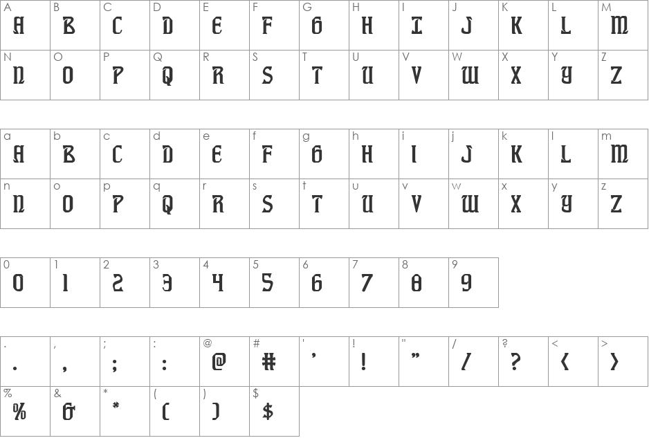 Fiddler's Cove Leftalic font character map preview