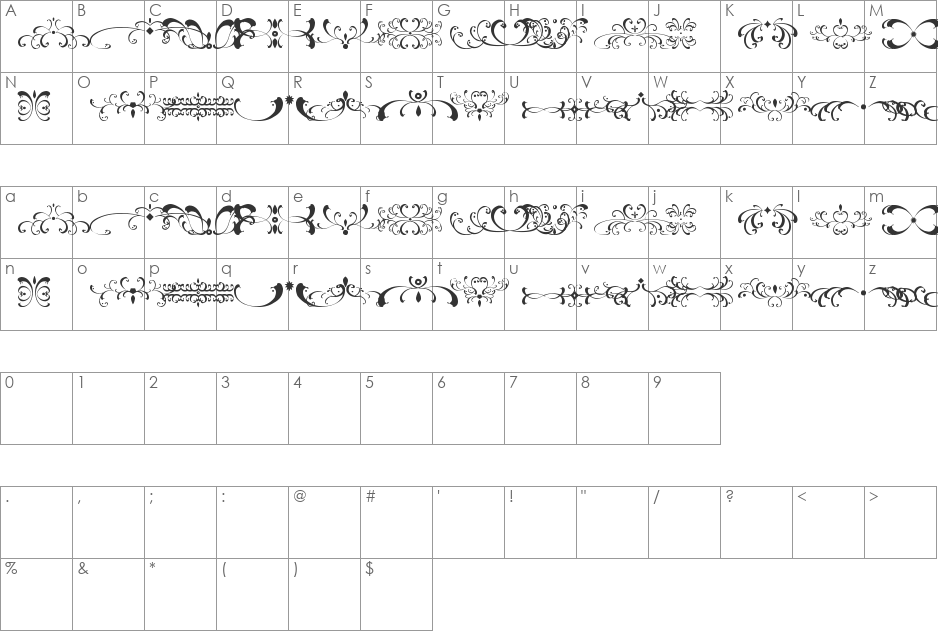 filigrees and ornaments ST font character map preview