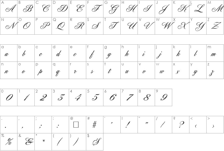 Ancestory SF font character map preview