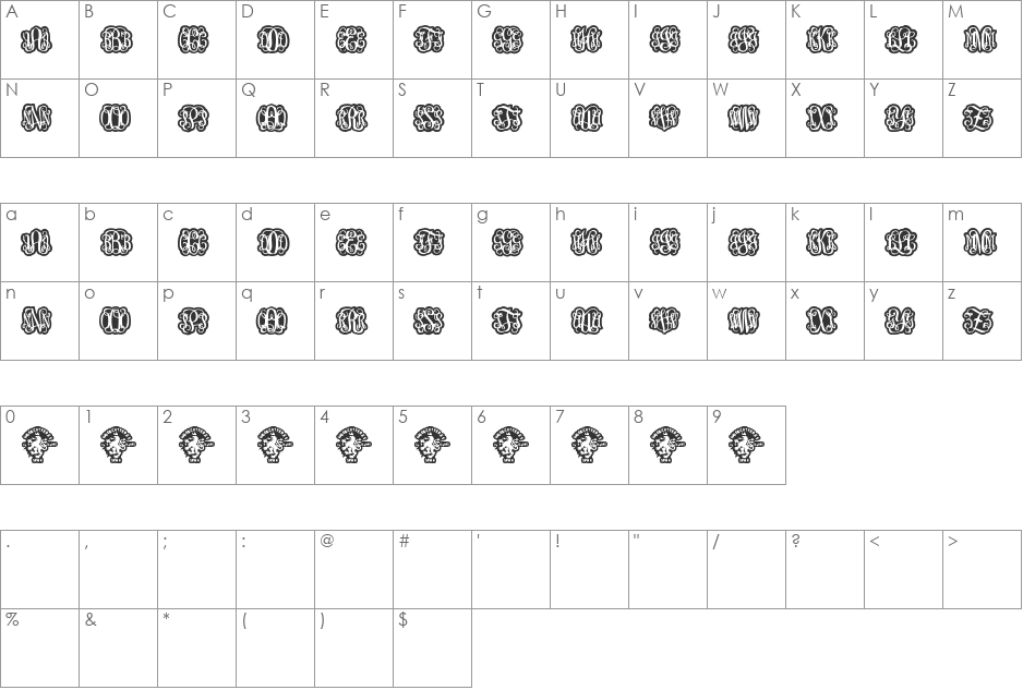 Finegramos font character map preview