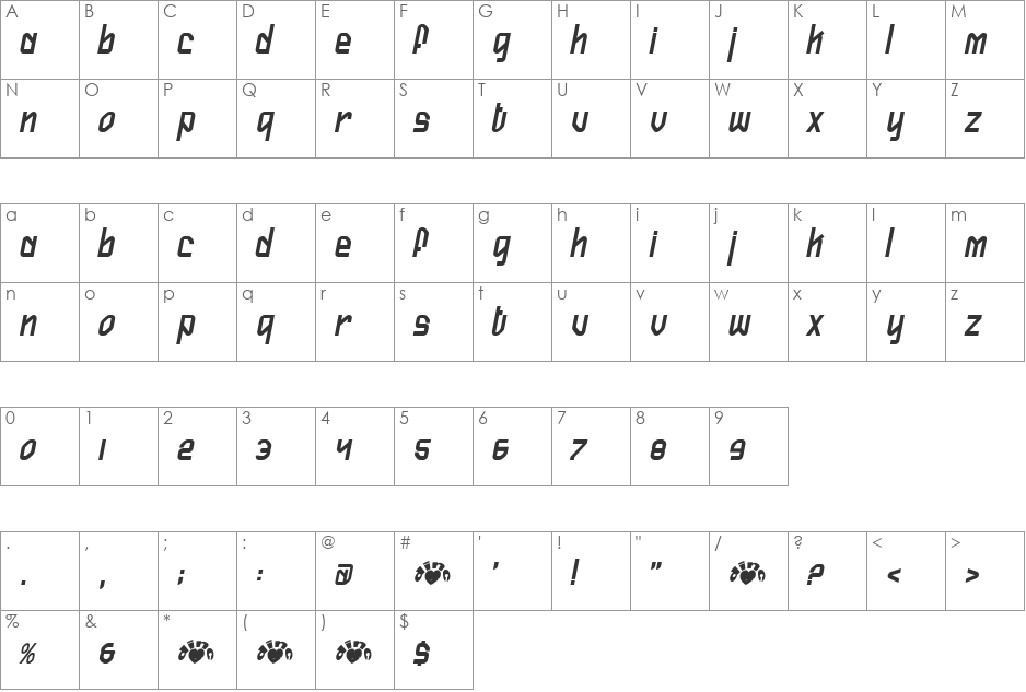 FireflySlant font character map preview