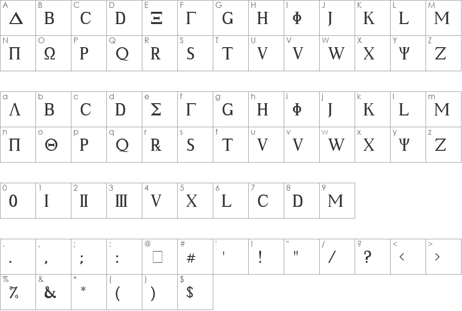 Ancient Geek font character map preview