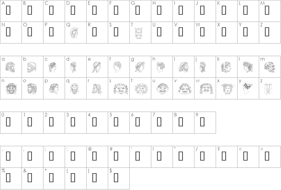 Ancient Heads font character map preview