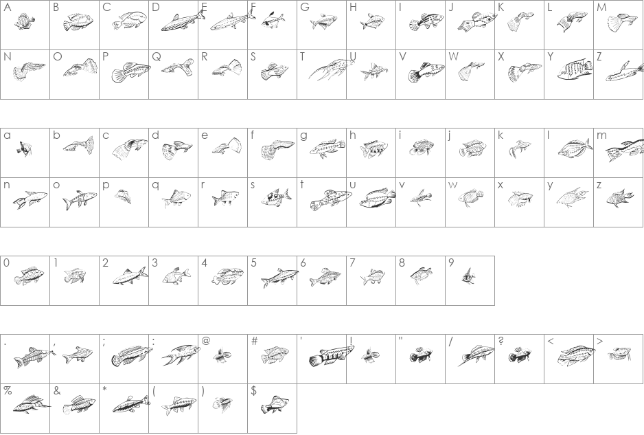 Fishing font character map preview