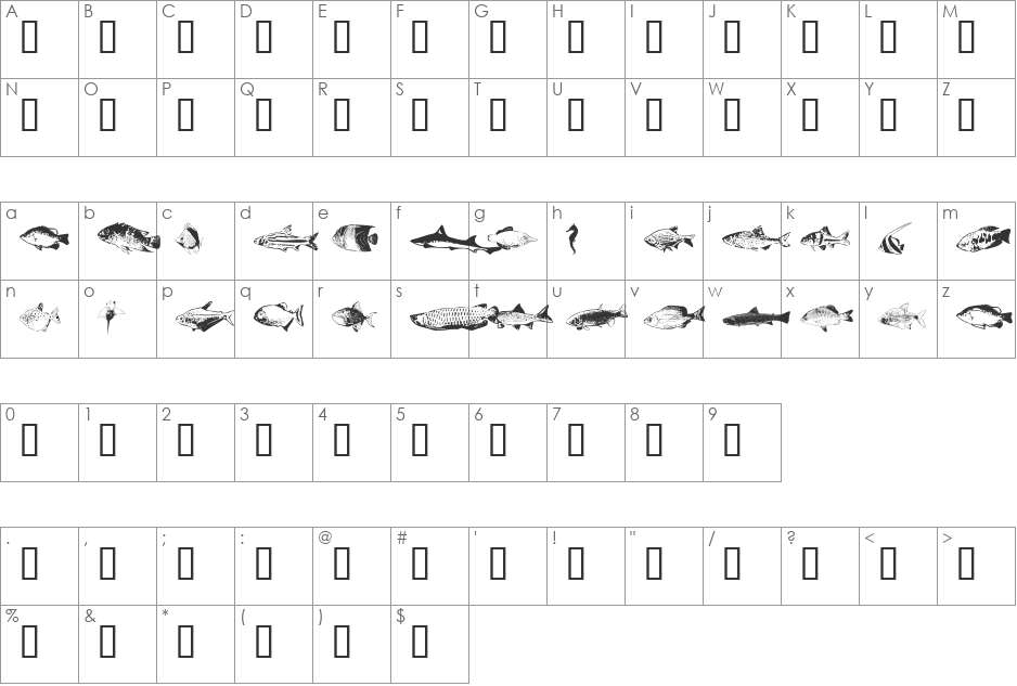 FishyPrint Two AOE  font character map preview