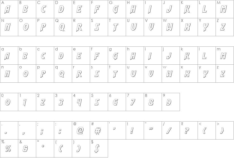 Flash Rogers Outline font character map preview