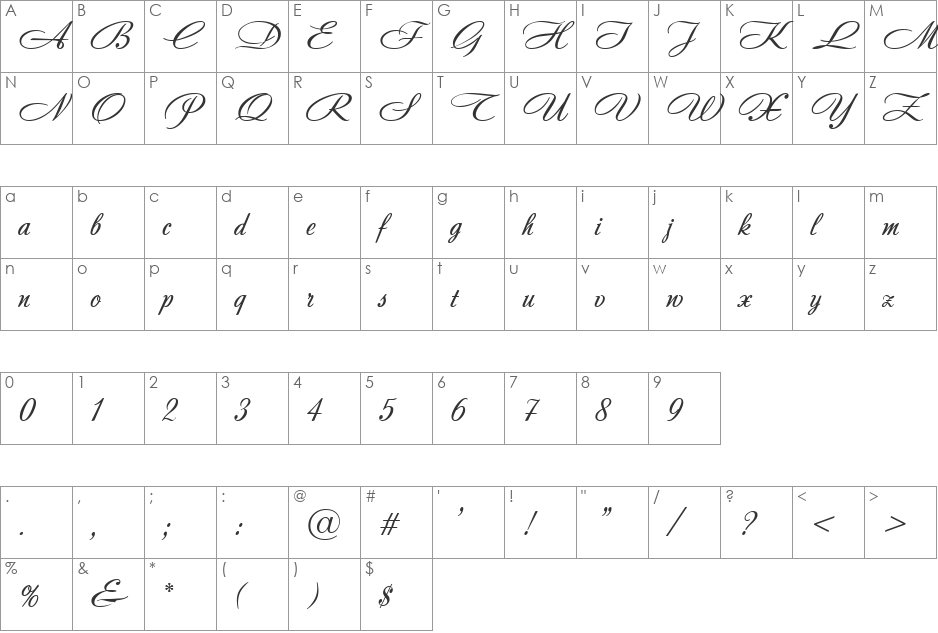 Andantino script font character map preview