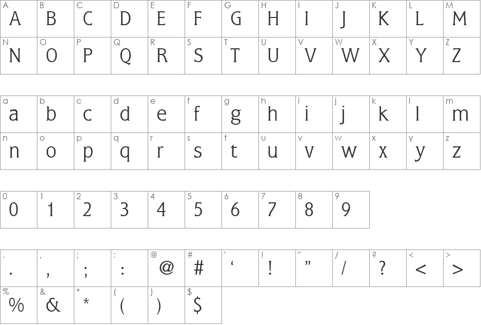 FlemingLight font character map preview