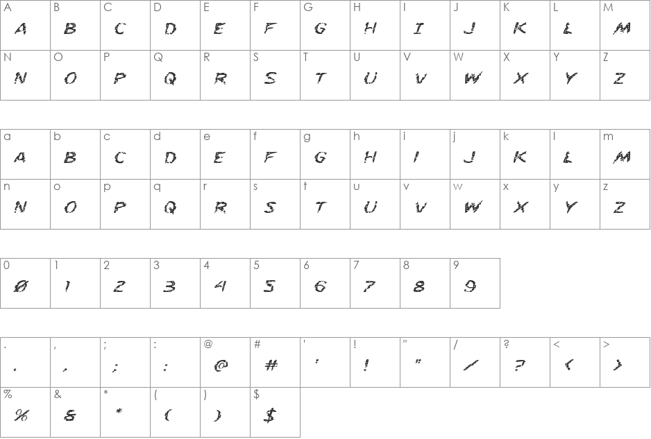 Flesh-Eating Comic Expanded Italic font character map preview