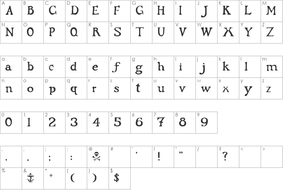 Flibustier font character map preview