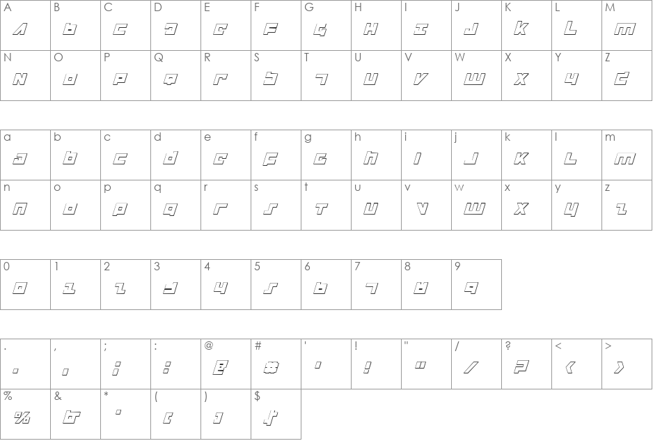 Flight Corps 3D Italic font character map preview