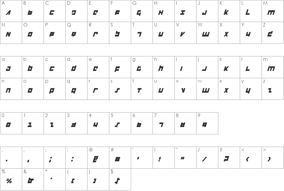 Flight Corps Condensed Italic font character map preview
