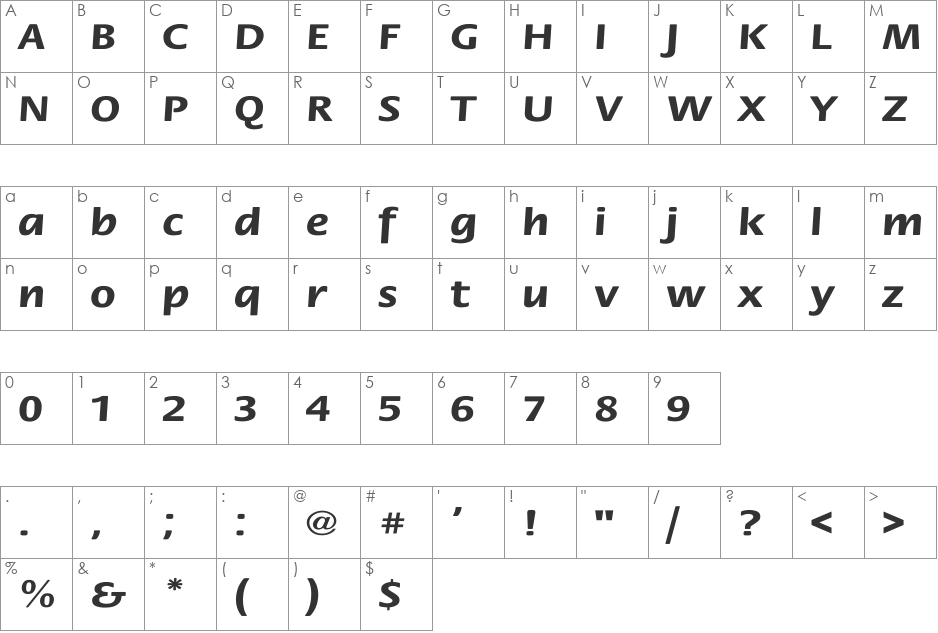 Flora-Bold Wd font character map preview