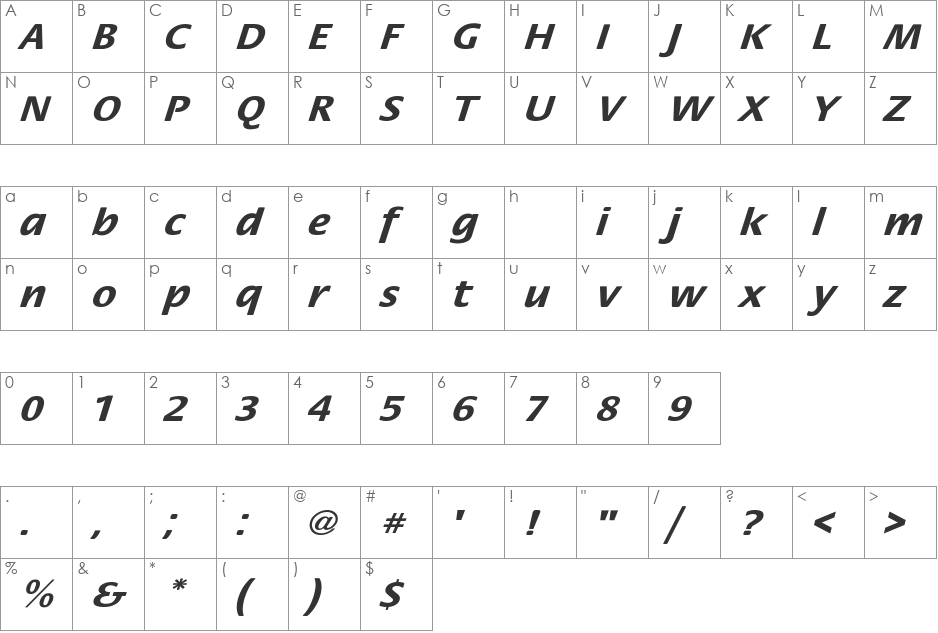 FloraExtObl-Bold font character map preview