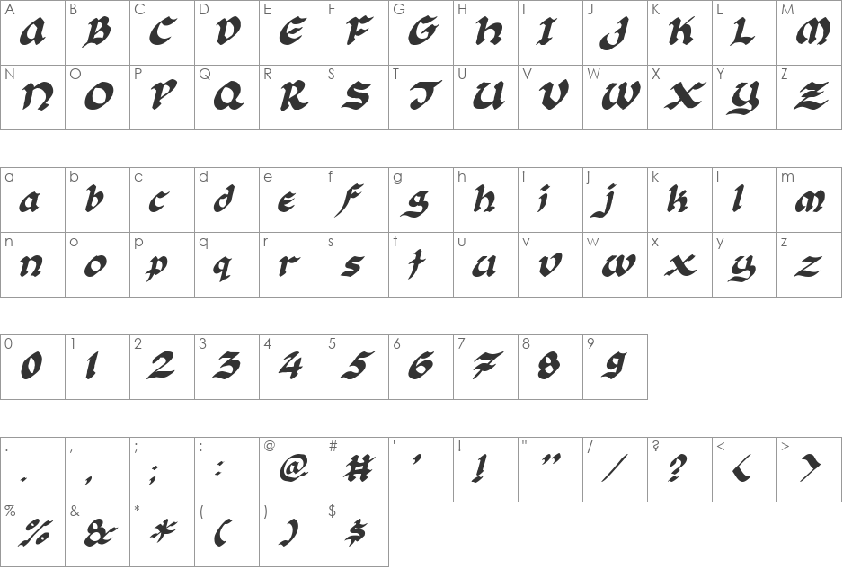 Florante at Laura font character map preview