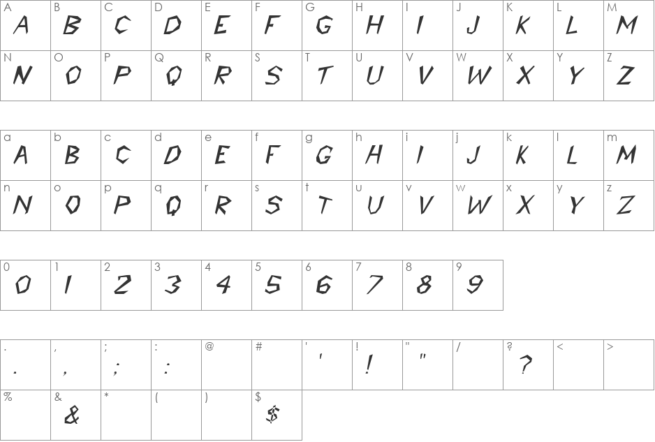 Andorra Italic font character map preview