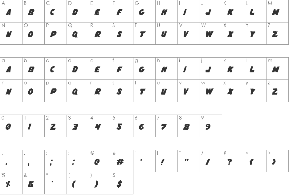 Flying Leatherneck Outline font character map preview