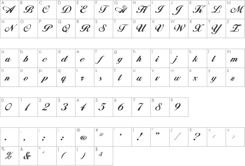 Andrea font character map preview