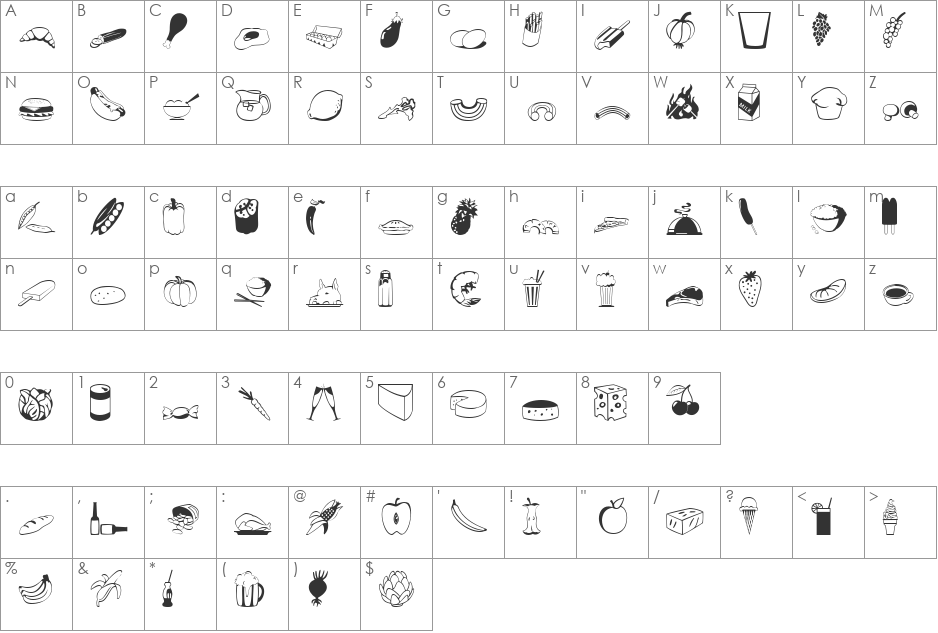 FoodDings font character map preview