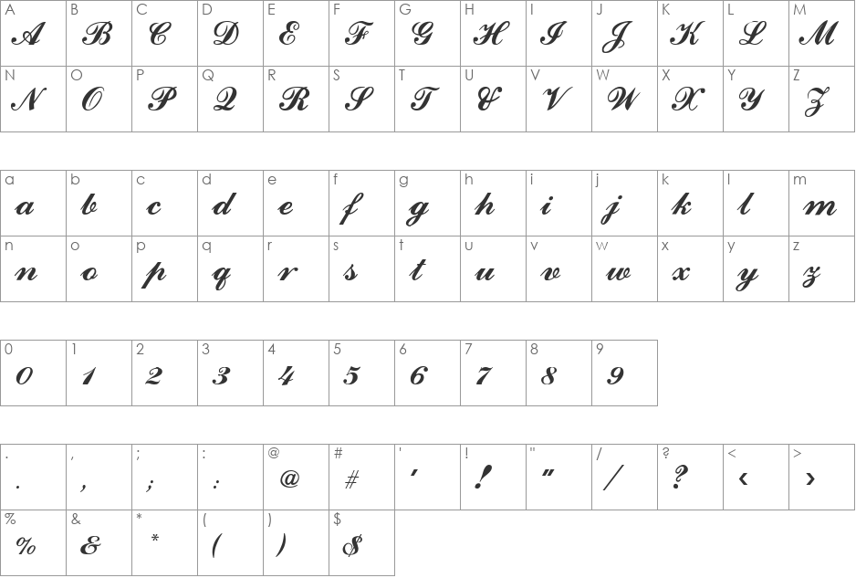 Ford Script font character map preview