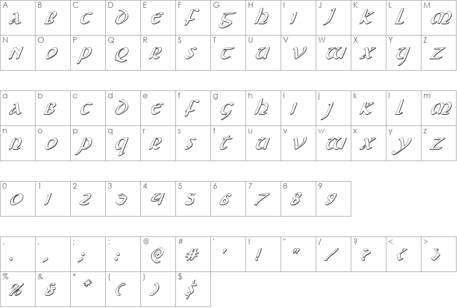 Foucault 3D Italic font character map preview