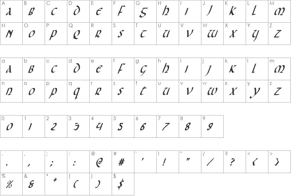 Foucault Condensed Italic font character map preview