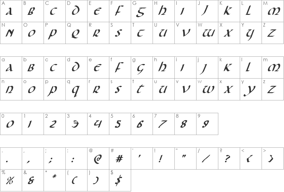 Foucault Expanded Italic font character map preview