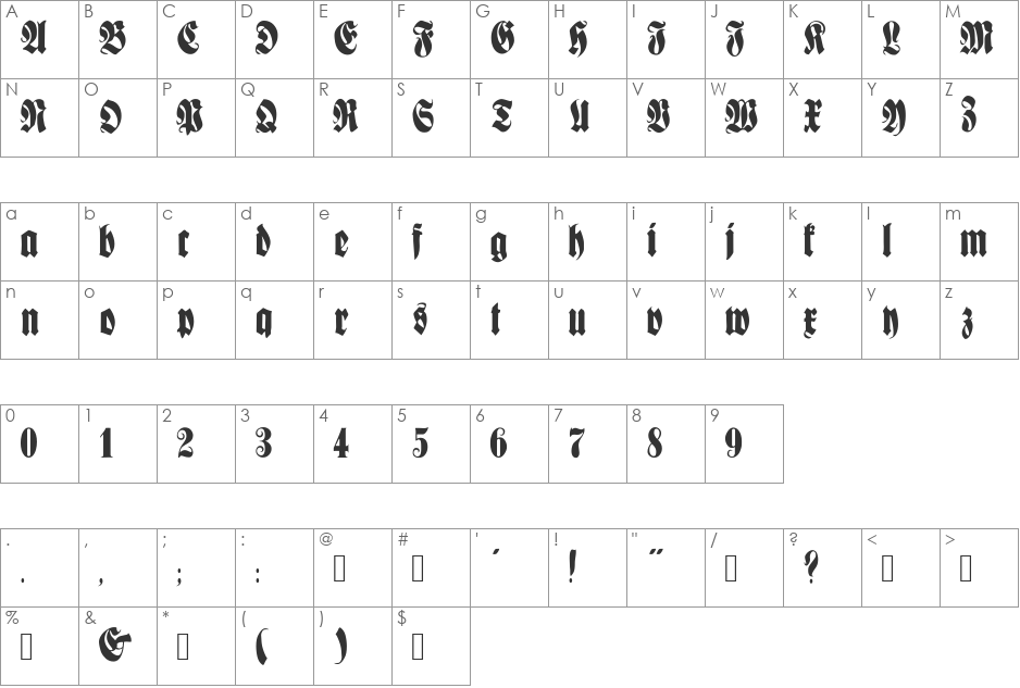 Fractur font character map preview