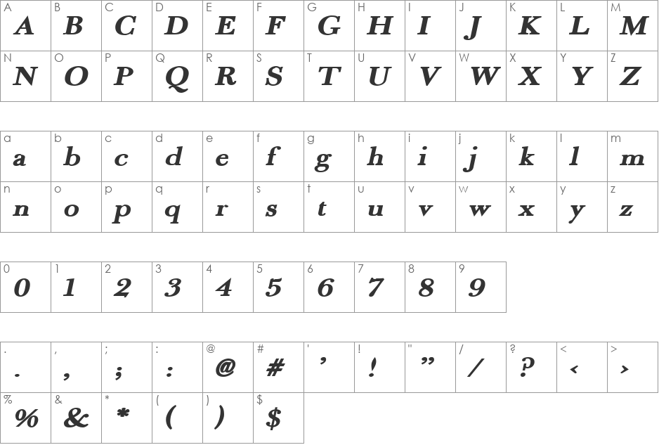 Fradley Narrow font character map preview