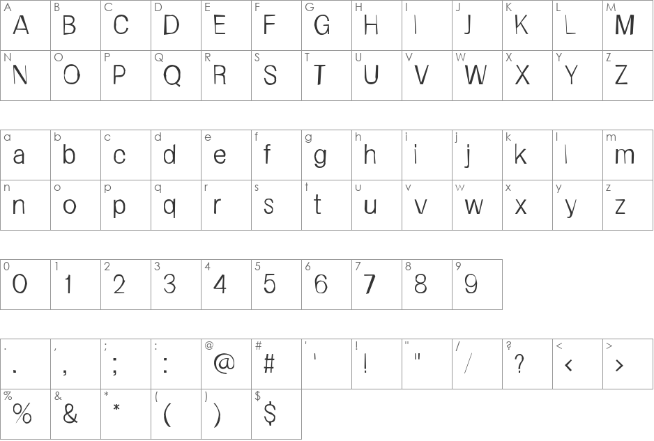Frail font character map preview