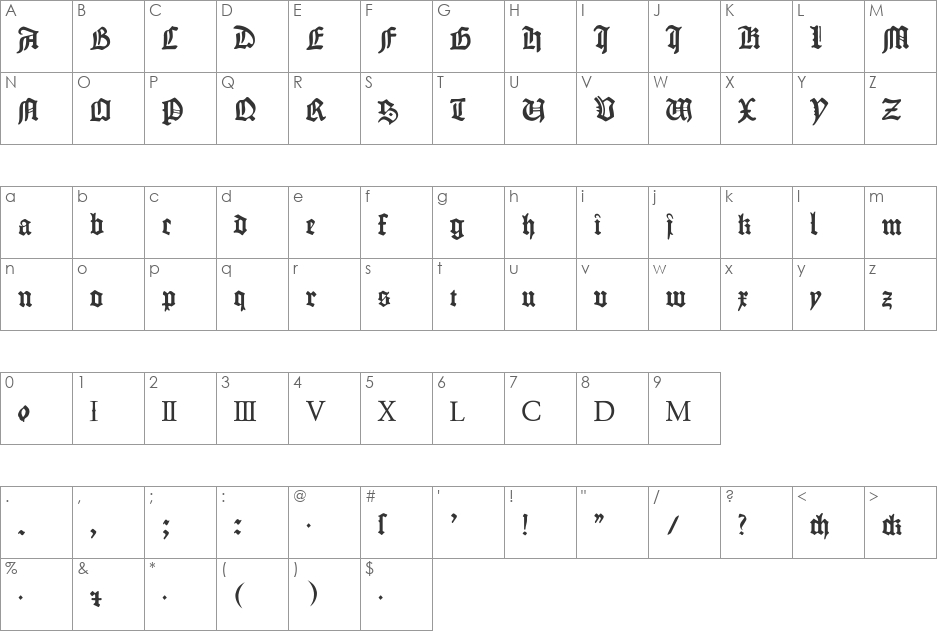 Fraktur Gutenberg B42 font character map preview