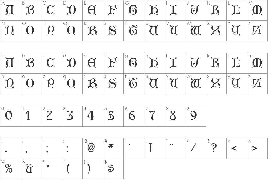 Aneirin font character map preview