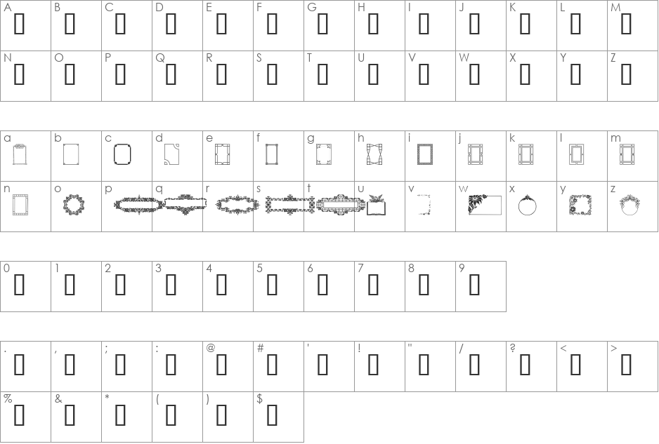 Frames and Headers font character map preview