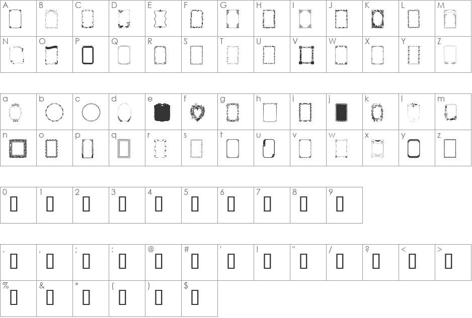Frames1 font character map preview