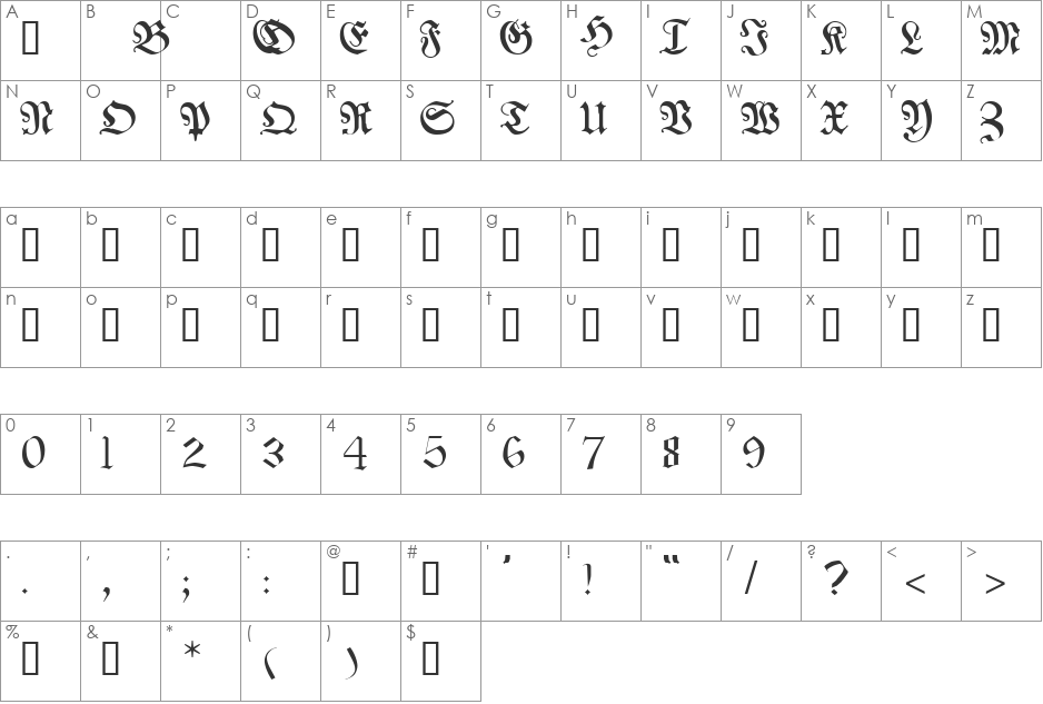 Franconian font character map preview