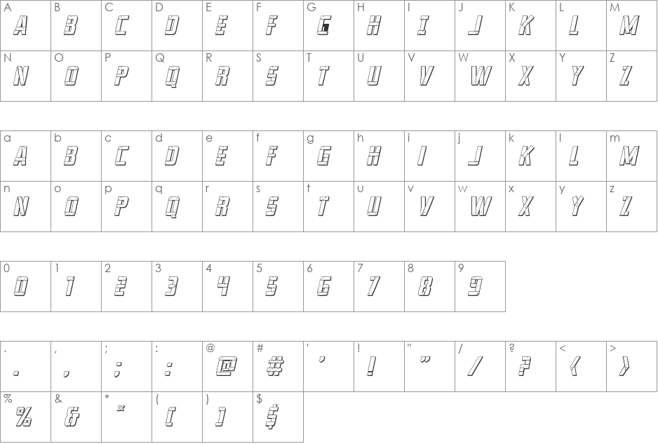 Frank-n-Plank 3D Italic font character map preview