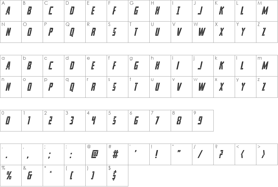 Frank-n-Plank Condensed Italic font character map preview