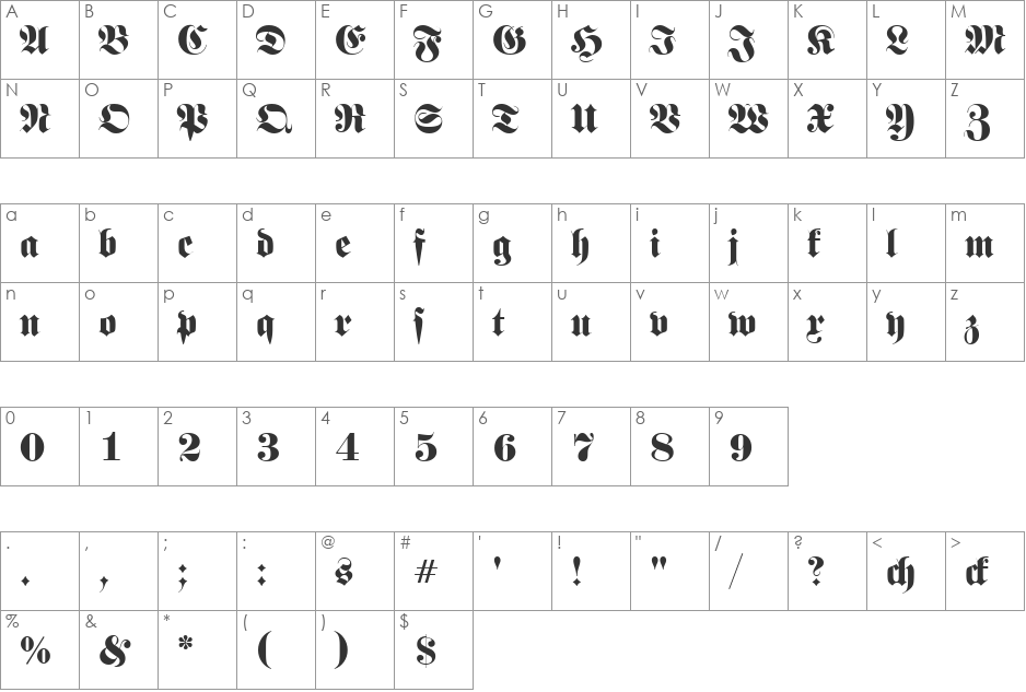 Frankenstein SF font character map preview