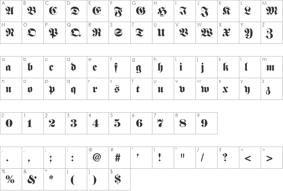 Frankenstein Ukrainian font character map preview