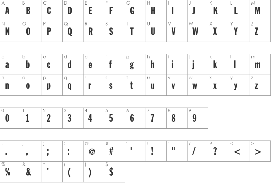 FraseliusExtraCondensed font character map preview