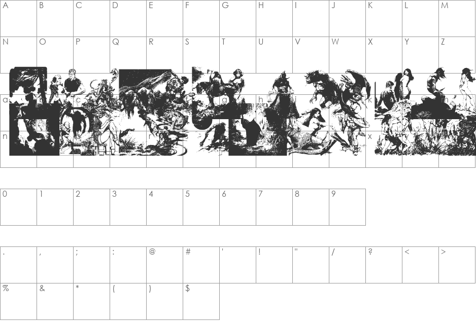 FrazettaBats Test1 font character map preview