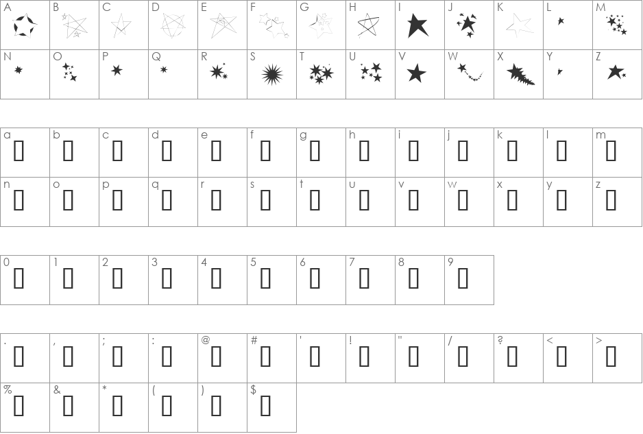Freaking Stars font character map preview