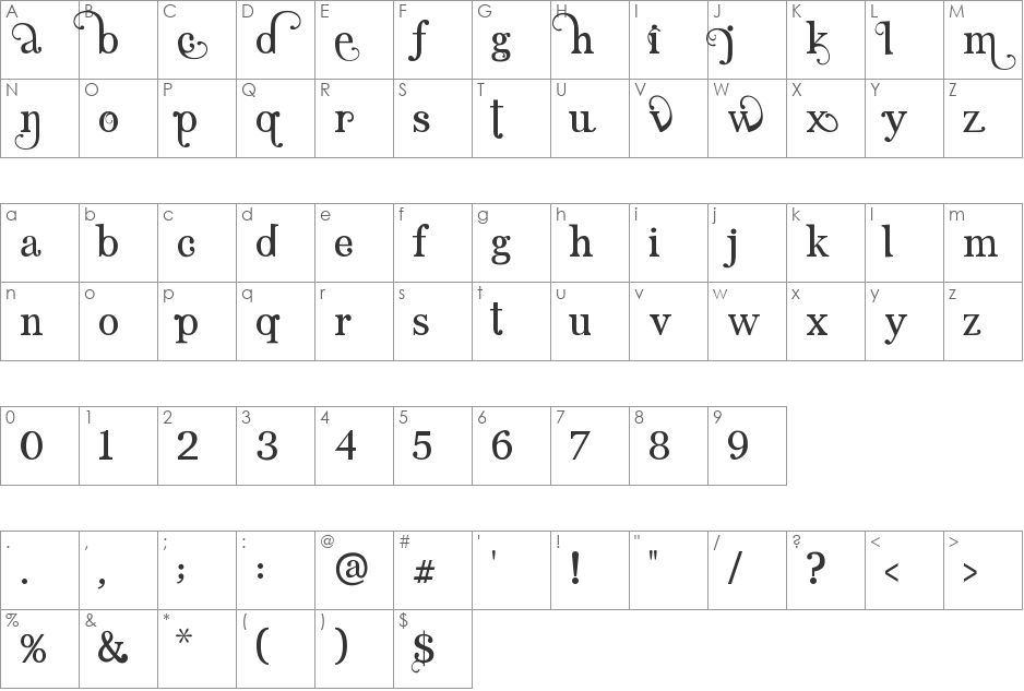 Angelic Serif font character map preview