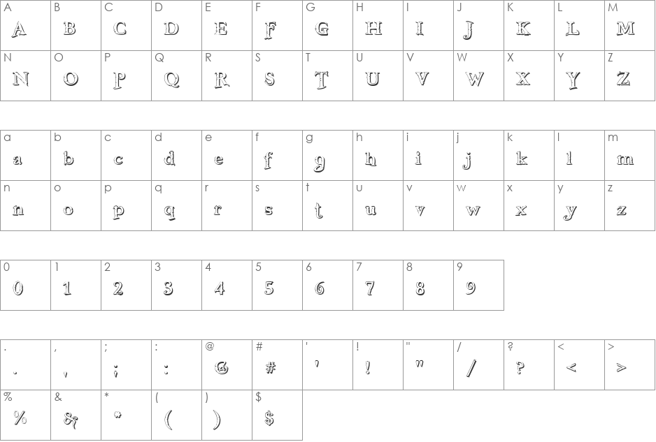 Freebooter Shadow font character map preview