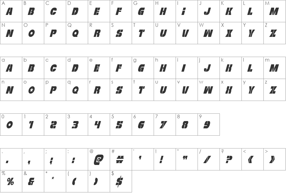 Freedom Fighter Condensed Italic font character map preview