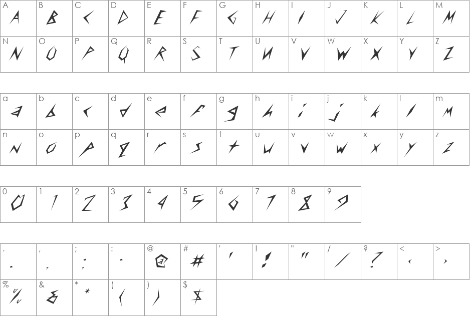 Freedom-Italic font character map preview